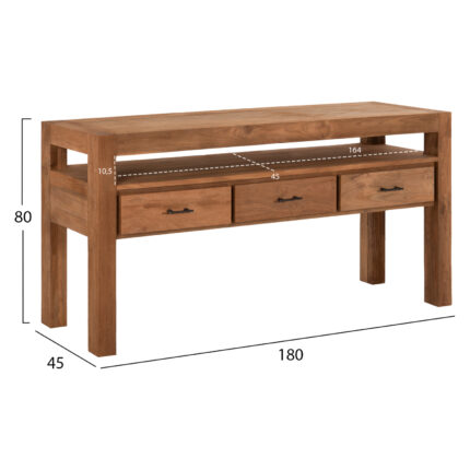 CONSOLE WITH 3 DRAWERS HM9556 RECYCLED TEAK WOOD IN NATURAL COLOR 180x45x80Hcm.