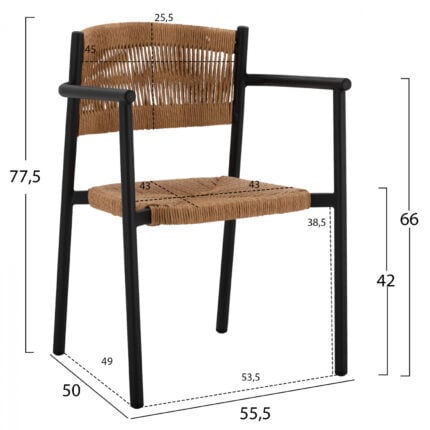 CHARCOAL ALUMINUM ARMCHAIR WITH BEIGE PE ROPE HM5786.02 55,5x50x77,5 cm.