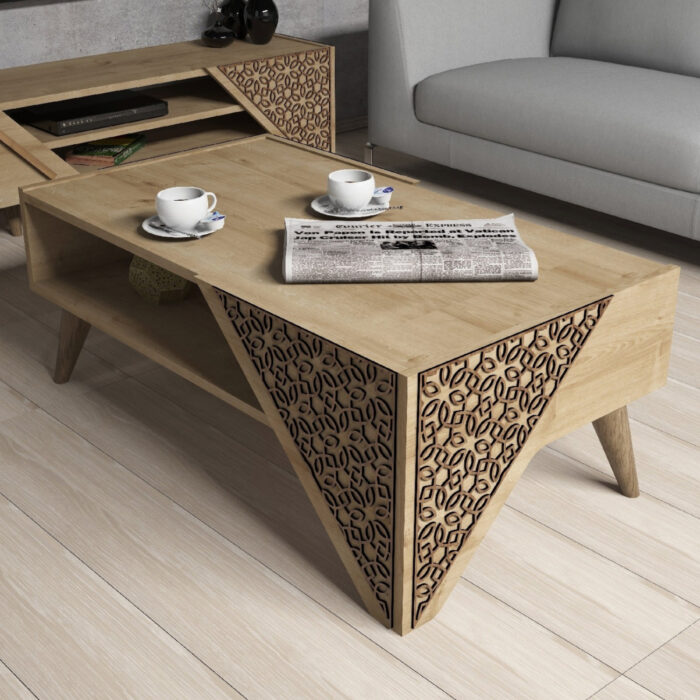 COFFEE TABLE MELAMINE HM9498.01 IN NATURAL OAK-CNC RELIEF CORNERS 105x58x40Hcm.