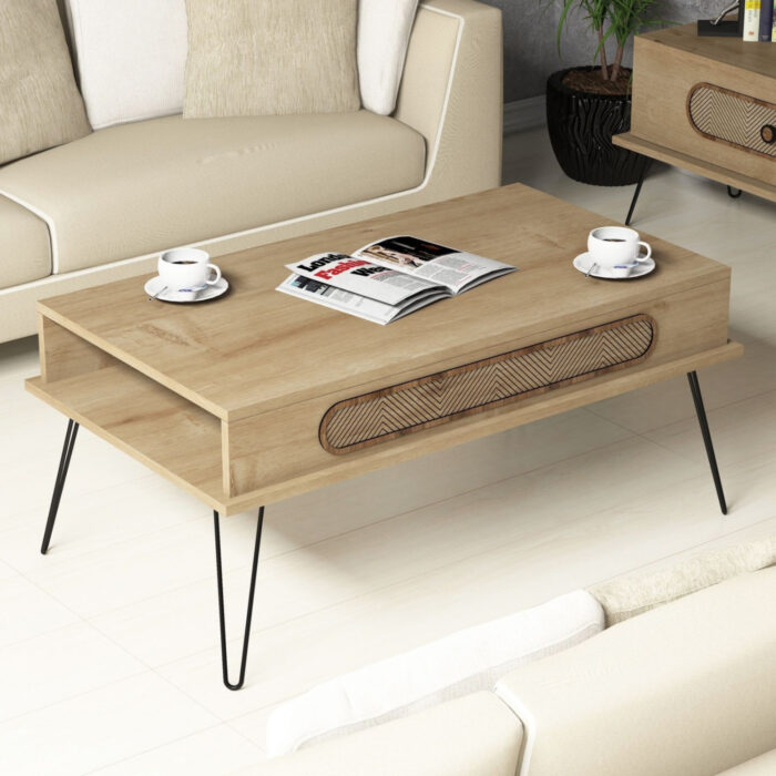 COFFEE TABLE MELAMINE HM9500.01 OAK COLOR-METALLIC LEGS 105x56x45.8Hcm.