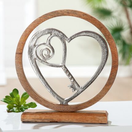 Διακοσμητικό ArteLibre Κλειδί Της Καρδιάς Σε Κύκλο Ασημί/Φυσικό Αλουμίνιο/Ξύλο 5x18x21cm
