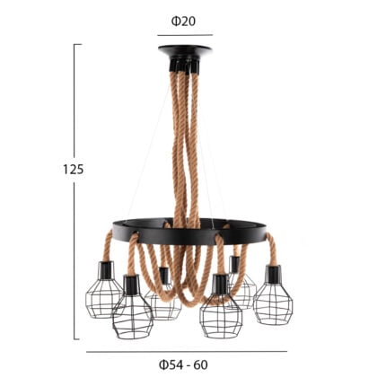 CEILING PENDANT LAMP HM4130 6-LIGHT BLACK METAL-ROPE Φ54-60x125Hcm.