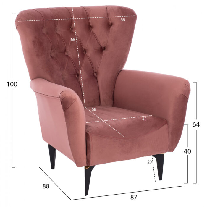 HM9217.12 bergere, dusty pink velvet, chesterfield-style, 87x88x100