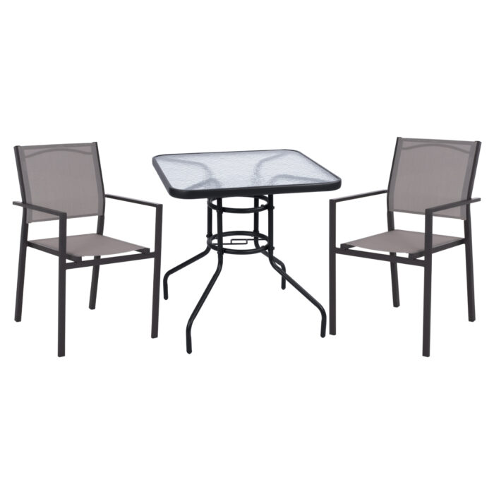 OUTDOOR DINING SET HM11786 3PCS METAL SQUARE TABLE-METAL ARMCHAIRS WITH GREY TEXTLINE