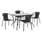 OUTDOOR DINING SET HM11761 5PCS GREY TABLE 110X60 & BLACK METALLIC WITH RATTAN ARMCHAIRS