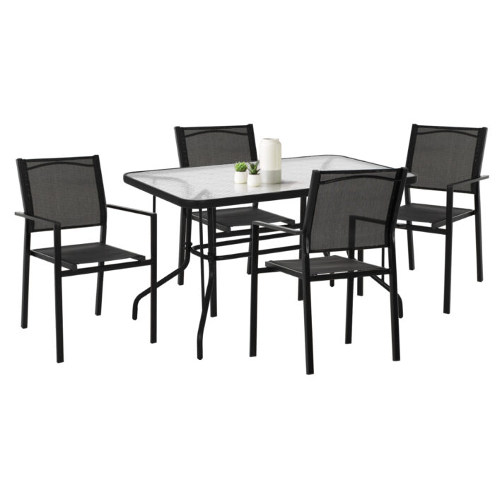 OUTDOOR DINING SET HM11800.01 5PCS METAL TABLE & ARMCHAIRS WITH TEXTLINE BLACK