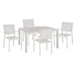 OUTDOOR DINING SET HM11826 5PCS WHITE ALUMINUM TABLE AND METAL ARMCHAIRS WITH WHITE TEXTLINE