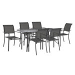OUTDOOR DINING SET HM11818 7PCS METAL TABLE WITH UMBRELLA HOLE & ALUMINUM ARMCHAIRS TEXTLINE GREY