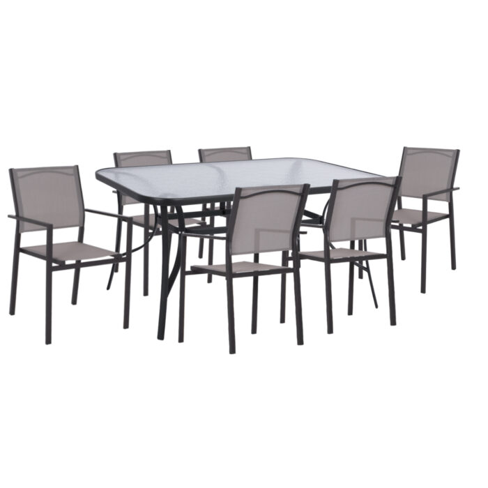 OUTDOOR DINING SET HM11789 7PCS METAL TABLE WITH GLASS TOP & METAL ARMCHAIRS WITH TEXTLINE IN GREY