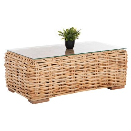 OUTDOOR COFFEE TABLE TROPEL HM9811 MANGO WOOD-NATURAL RATTAN-SAFETY GLASS 110x60x40Hcm.