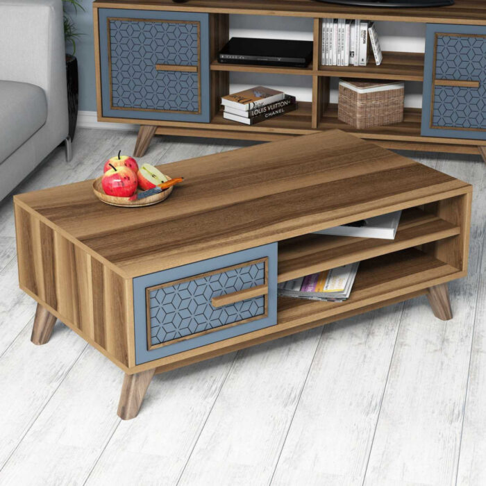 COFFEE TABLE MELAMINE IN WALNUT COLOR WITH BLUE CABINET DOOR HM9497.02 105x60x38,2Hcm.