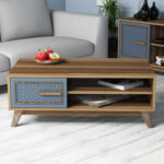 COFFEE TABLE MELAMINE IN WALNUT COLOR WITH BLUE CABINET DOOR HM9497.02 105x60x38,2Hcm.