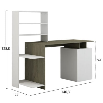 DESK WITH BOOKCASE ROCHELL MELAMINE OLIVE GREY WHITE COLOR 146,3x55x128,8Hcm.HM8886.11