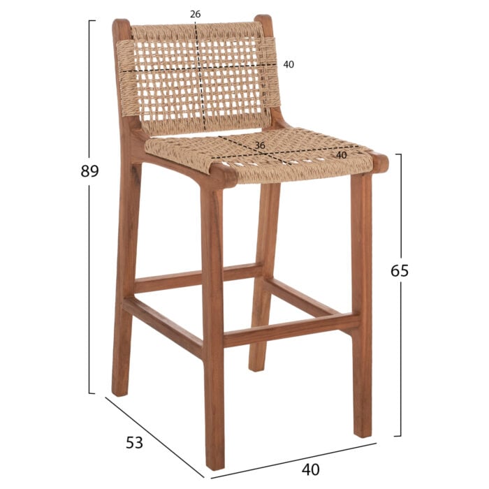 BAR STOOL WITH BACKREST OUTDOORS TEAK WOOD AND ROPE HM9381.01 40X53X89Hcm.