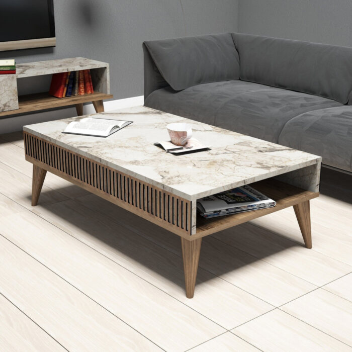 COFFEE TABLE HM9505.03 MELAMINE IN WALNUT-WHITE MARBLE-LOOK TOP 105x60x34.6Hcm.