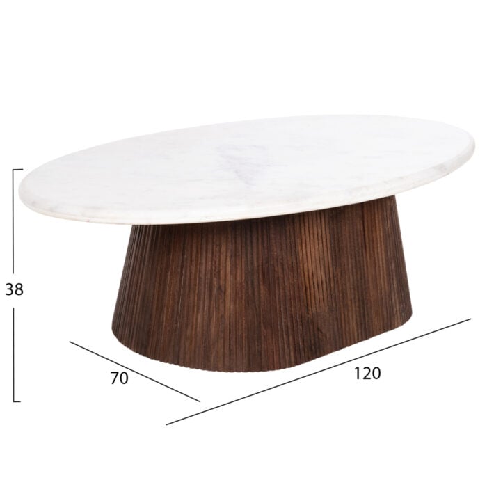 COFFEE TABLE OVAL PURGER HM9716 SOLID MANGO-WHITE MARBLE 120x70x38Hcm.