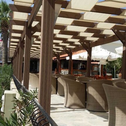 WPC wall pergola with fabric stripes WPC Wall Pergola With Fabric Stripes